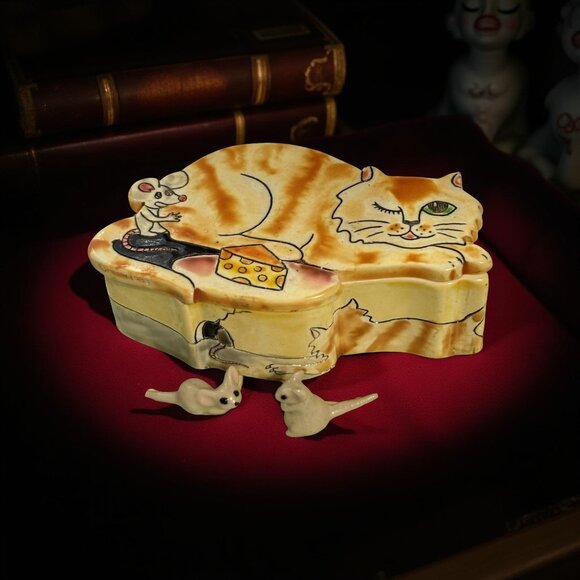 1983 World of Meow Ginger Cat and Mouse Trinket Box With Two Ceramic Mice Figuri - Picture 1 of 11